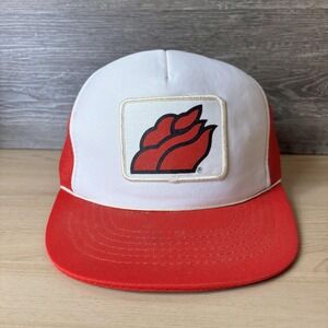 Vintage Flame Logo Hat Cap Snap Back Red White Mesh Trucker Patch Mens 80s